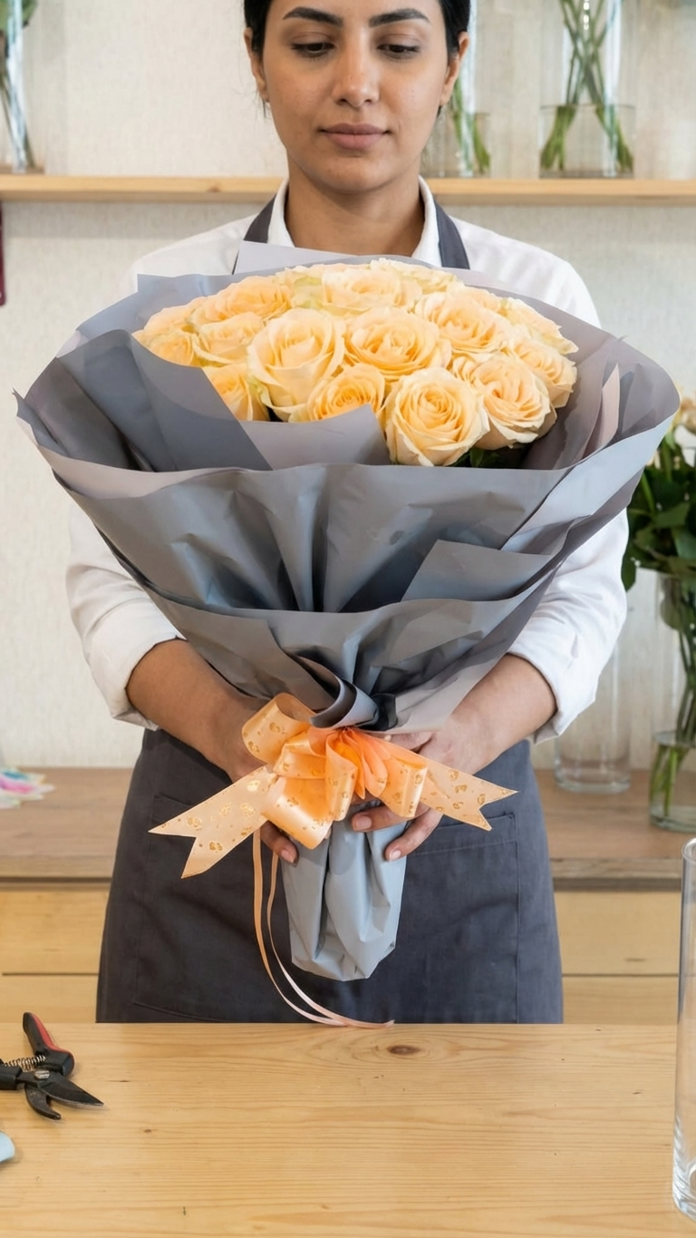 peach rose hand bouquet