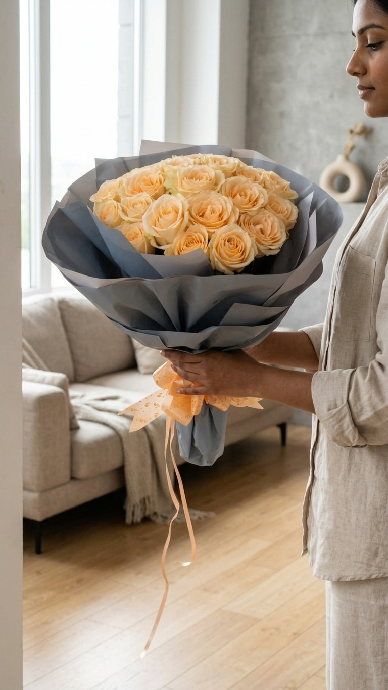 peach rose hand bouquet